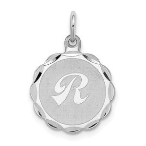 Sterling Silver, Sarah Collection 15mm Brocaded Disc Initial R Pendant